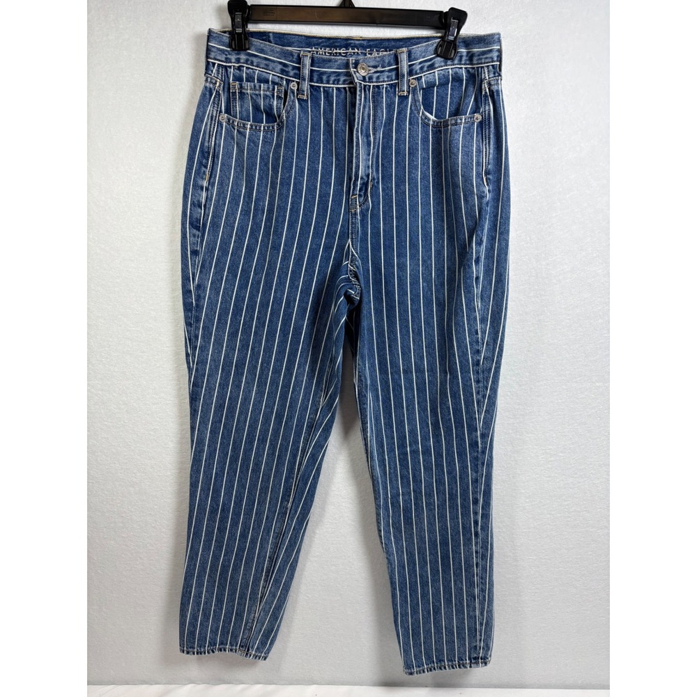 American Eagle Pinstripe Mom Jeans Womens 8 Blue Cotton High Waist Tapered Denim